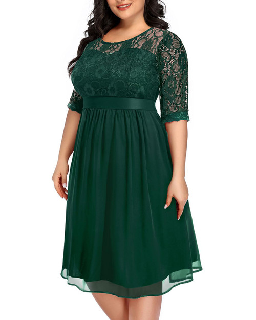 Plus Size Emerald Green Dress Women Bridesmaid Cocktail Lace Chiffon Party Wedding Guest Semi-Formal Holiday Midi Dress