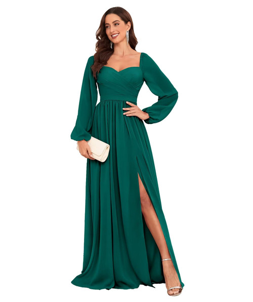Long Chiffon Bridesmaid Dress for Women Teal Long Sleeve Formal Dresses Evening Gown with Slit Size 2 Long Chiffon Bridesmaid Dress for Women Teal Long Sleeve Formal Dresses Evening Gown with Slit Size 2