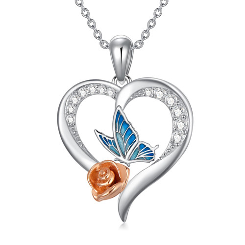 Heart Butterfly Necklace for women,925 Sterling Silver Dainty Cute Rose Butterfly Charm Jewelry Delicate Pendant Birthday Christmas Gift for Wife Girlfriend Mom Teen