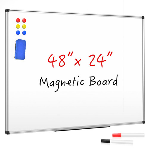 Magnetic Dry Erase Whiteboard 48 x 24 Inch - Large White Board, Silver Aluminum Frame Wall-Mounted, Magnetic Eraser, 2 Pens, Detachable Marker Tray, 6 Magnets for Office, School