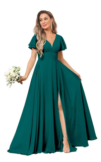 Short Sleeve Teal Bridesmaid Dresses with Slit Long A Line V Neck Evening Formal Gown for Women Size 6