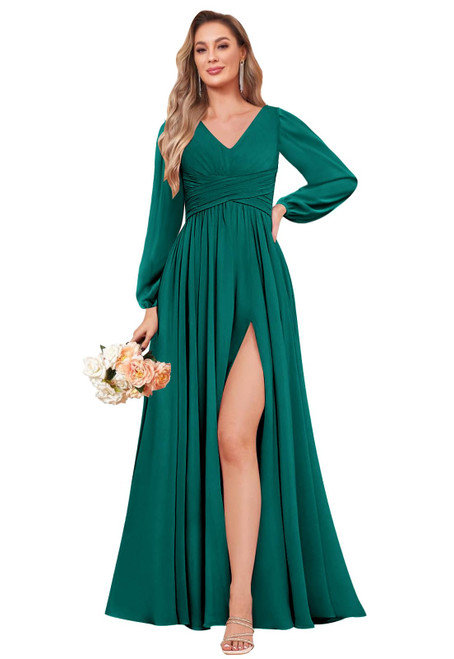 Teal Bridesmaid Dress with Slit Long Sleeves Chiffon Formal Evening Gowns for Women with Pockets Size 6 Teal Bridesmaid Dress with Slit Long Sleeves Chiffon Formal Evening Gowns for Women with Pockets Size 6