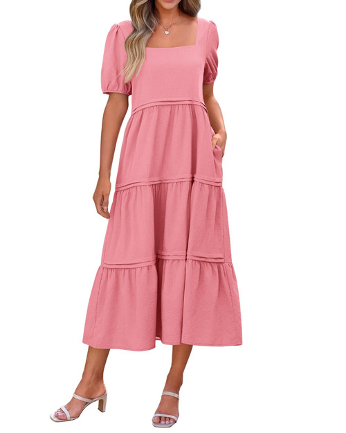 Summer Dress 2024 Womens Fashion Boho Square Neck Puff Short Sleeve Flowy Long Beach Wedding Guest Dresses Casual Loose Tiered Ruffle Maxi Sundress with Pockets(Pink, Small)