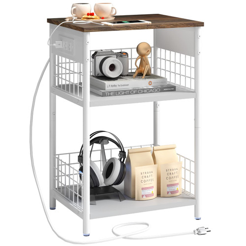 End Table with Charging Station, 3-Tier Side Table for Living Room,Study,Bedroom,White Narrow Sofa Table Bedside Table with Storage Shelf, Small Nightstand