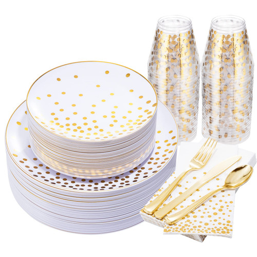 350 PCS Mother's Day Gold Dinnerware Set 50 Guest-100 Gold Dot Plastic Plates-50 Gold Plastic Silverware-50 Gold Plastic Cups-50 Gold Dot Paper Napkins, Disposable Gold Plastic Plates for Party
