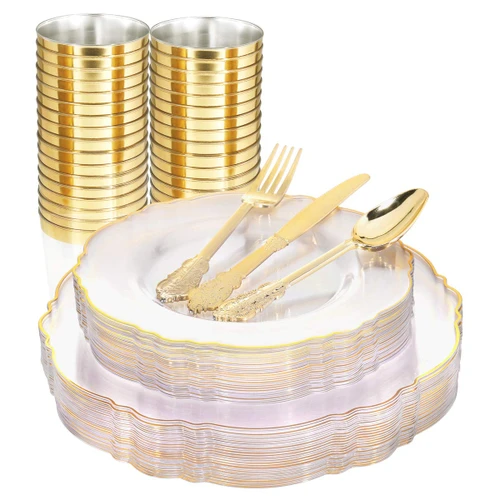30Guest Clear and Gold Plastic Plates with Gold Plastic Silverware include 30 Dinner Plates,30 Salad Plates,30 Forks, 30 Knives,30 Spoons,30 Cups for Thanksgiving