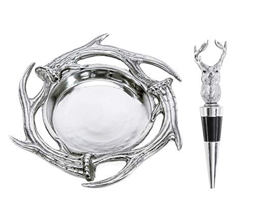 Arthur Court Designs Aluminum 7" Dia Antler Wine Coaster and Stopper Set