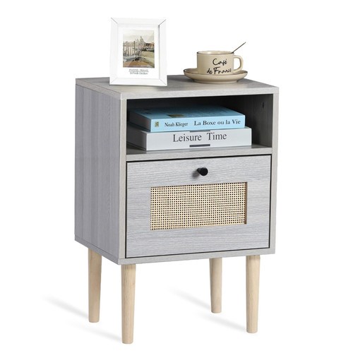 Mid Century Nightstand, Rattan Side Table with Drawers, Modern Nightstand, Boho Farmhouse Wood Bedside Table with Storage, Small Side Tables Bedroom Small Space
