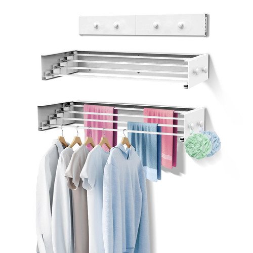 Upgrade 4 Knob Hooks Wall Mounted Clothes Drying Rack, Foldable Collapsible Wall Mount Laundry Drying Rack Indoor, Drying Rack Clothing, Towel Drying Rack with Wall Template, 4 Rods, 23.6"