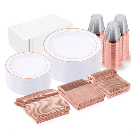 350pcs Rose Gold Plates and Silverware Set for 50 Guests Disposable Plastic Dinnerware of 100 Rose Gold Plastic Plates,150 silverware, 50 Cups,50 Napkins for Party&Weeding&Mother's Day 350pcs Rose Gold Plates and Silverware Set for 50 Guests Disposable Plastic Dinnerware of 100 Rose Gold Plastic Plates,150 silverware, 50 Cups,50 Napkins for Party&Weeding&Mother's Day