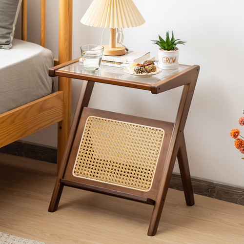 Rattan Side Table, Boho Nightstand with Glass Top & Magazine Rack, End Table with Storage, Bamboo Bedside Table Coffee Table for Small Space Living Room Bedroom, Walnut Rattan Side Table, Boho Nightstand with Glass Top & Magazine Rack, End Table with Storage, Bamboo Bedside Table Coffee Table for Small Space Living Room Bedroom, Walnut