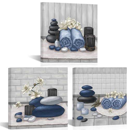 Spa Canvas Wall Art Zen Stone Orchid Picture Painting Navy Still Life Prints for Bathroom Zen Meditation Room Decor Framed 12"x16" for Each Spa Canvas Wall Art Zen Stone Orchid Picture Painting Navy Still Life Prints for Bathroom Zen Meditation Room Decor Framed 12"x16" for Each