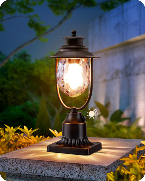 Dusk to Dawn Outdoor Post Light, Pole Light Fixture with Pier Mount Base, Waterproof Exterior Lamp Post Lantern Head, Clear Stone-Patterned Glass, for Driveway Yard Fence Garden Patio