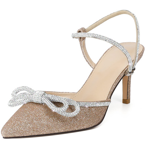 Women's Wedding Shoes Gold Bow Heels Sparkly Closed Toe Strappy Glitter High Heels Sexy Rhinestone Ankle Strap Pumps Bridal Party Dress Shoes 6