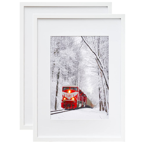 A2 Picture Frames Set of 2 Matted for A3 - Solid Wood Acrylic Plexiglass Front for Wall Mounting Hanging Vertically or Horizontally, White - 16.5 x 23.4 in