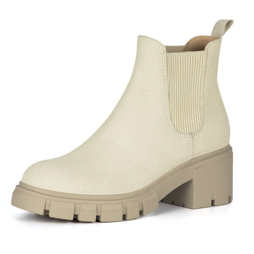 Women's Chelsea Boots Fashion Lug Sole Chunky Heel Slip on Elastic Ankle Beige Booties Size 8