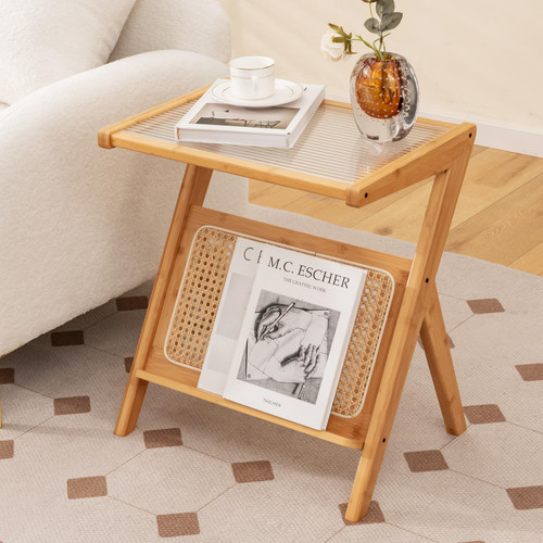 Rattan Side Table, Boho Nightstand with Glass Top & Magazine Rack, End Table with Storage, Bamboo Bedside Table Coffee Table for Small Space Living Room Bedroom, Natural Rattan Side Table, Boho Nightstand with Glass Top & Magazine Rack, End Table with Storage, Bamboo Bedside Table Coffee Table for Small Space Living Room Bedroom, Natural