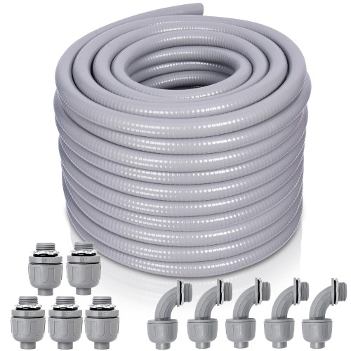 Liquid-Tight Conduit and Connector Kit - 1/2 Inch 75 FT Non Metallic Liquid Tight Electrical Conduit with 5 Straight and 5 Angle Fittings