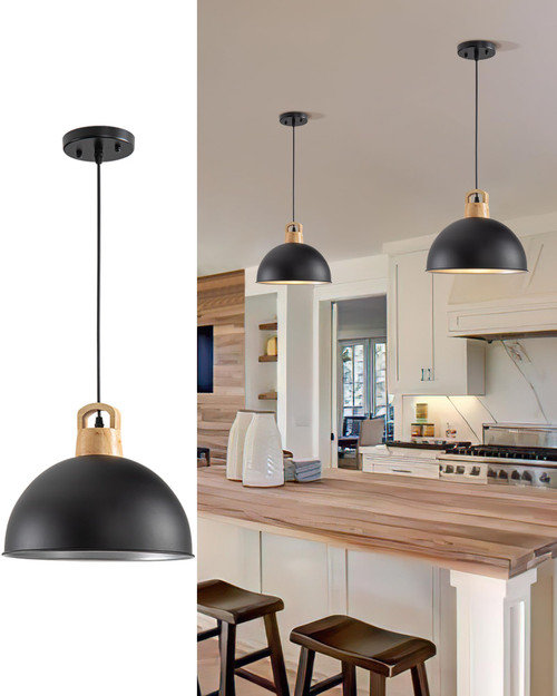 Farmhouse Pendant Light, 11.8" Black Pendant Lighting for Kitchen Island Modern Dome Pendant Lights Wood Hanging Light Fixtures for Dining Room Lounge Bedroom