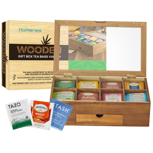 Premium 80 Tea Bag Assortment Gift Box Set By Wooden Tea Bag Organizer Box With 30+ Different Flavors- Tea Infuser Sampler Variety Pack - Great Gift Idea For Tea Lovers, Friends & Family (Wooden)