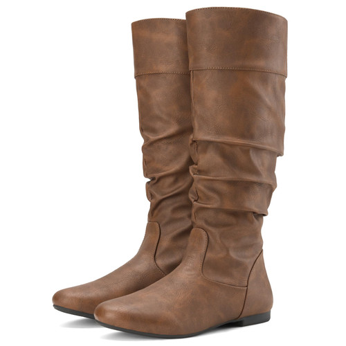 Women's Slouchy Knee High Boots Pull On Flat Boots Side Zipper Fall Boots for Women Dark Brown Size 6