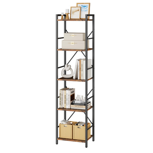 5 Tier Bookshelf Tall Narrow Bookcase with Shelves Industrial Storage Book Shelf Wood and Metal Book Shelf Storage Organizer for Home Office, Living Room, Bedroom, Kitchen, Rustic Brown