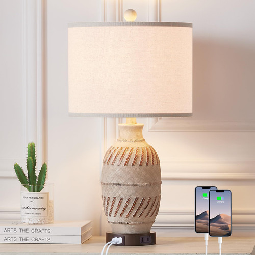 Touch Control Farmhouse Table Lamps for Bedroom,3-Way Dimmable Bedside Lamps with 2 USB Charging Ports and AC Outlet, Vintage Rustic Nightstand Lamps for Living Room Office (LED Bulbs Included)