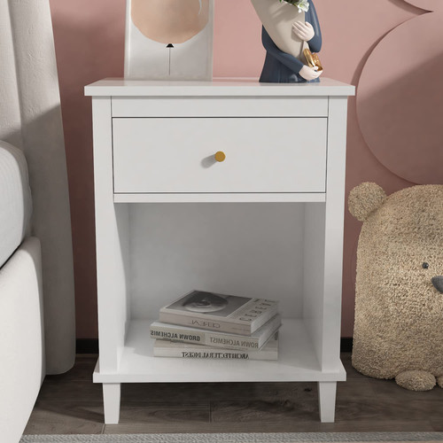 Wooden Nightstand, End Table Bedside Table with Drawer and Storage Shelf, Modern Night Stand for Bedroom, Living Room, Home Office,White