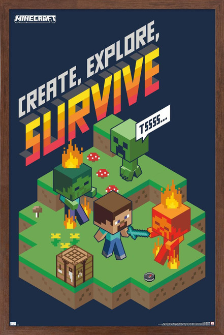 Minecraft - Create, Explore, Survive 2 Wall Poster, 14.72" x 22.37", Mahogany Framed Version