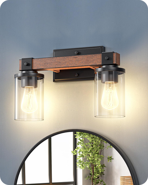Farmhouse Vanity Lights for Bathroom, 2-Light Bathroom Vanity Light Fixtures Over Mirror, Painted Wood Bath Wall Sconces Lamp with Clear Glass Shade for Bathroom, Powder Room Farmhouse Vanity Lights for Bathroom, 2-Light Bathroom Vanity Light Fixtures Over Mirror, Painted Wood Bath Wall Sconces Lamp with Clear Glass Shade for Bathroom, Powder Room
