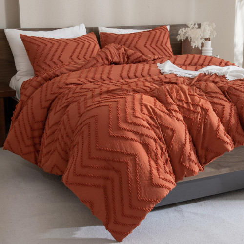 Burnt Orange King Size Comforter, Boho Terracotta Soft Warm Bedding Comforter Sets for King Bed, 3 Pieces Rust Chevron Tufted Aesthetic Microfiber Lightweight Comforter Set