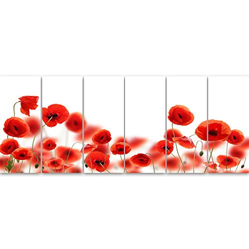 Design Art PT13003-70-28-6P Lovely Poppy Flowers on White - Modern Floral Artwork on Canvas, 70x28-6 Equal Panels