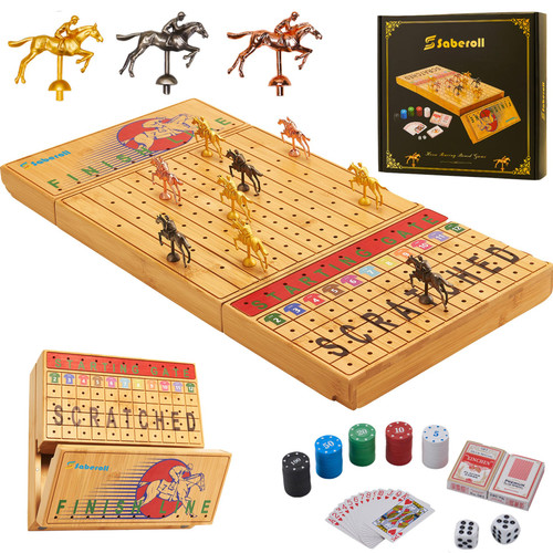Portable Horse Racing Board Game Horse Race Board Game with 11 Metal Horses 2 Dice 2 Decks of Cards and 100PCS Chips