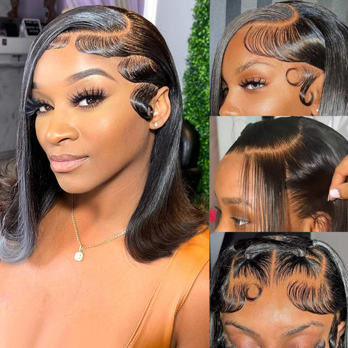 Lace Front Bob Wigs Human Hair 13x4 HD Lace Glueless Bob Wig Human Hair Short Straight Frontal Bob Wigs for Black Women Human Hair Pre Plucked with Baby Hair Side Part 180% Density 14 Inch