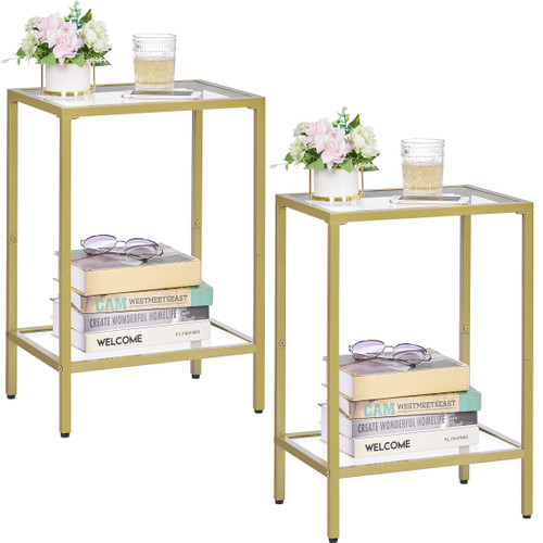 Side Tables Set of 2, End Tables with Tempered Glass, 2-Tier Nightstands with Storage Shelves, Slim Sofa Table for Living Room, Bedroom (2, Golden)