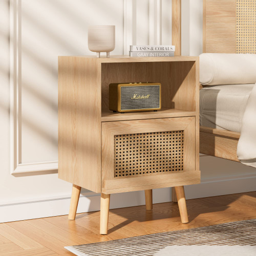 Oak Nightstand, Wooden End Side Table, Bedside Table with with Open Storage Shelve and Door, Night Stands for Bedroom Living Room