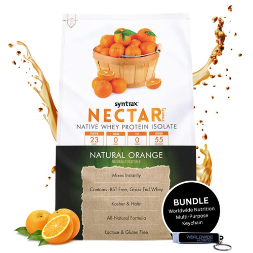 Bundle: Nectar Naturals, Natural Orange Flavor - Lactose and Gluten-Free Whey Protein - 2 Pounds Premium Protein Powder and Worldwide Nutrition Keychain