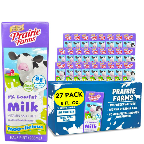 Prairie Farms - 1% Low fat Milk, Milk 1% - Shelf Stable, Boxed UHT Ultra Pasteurized Milk, Vitamin D White Milk - Preservative and Hormone Free, Kosher, Made in USA - 8 FL oz. (27 Pack)