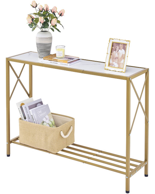 Console Table, entryway Table, Narrow Sofa Table with Shelves, Entrance Table for Hallway, Entryway, Living Room, Foyer, Corridor, Office, Gold & White