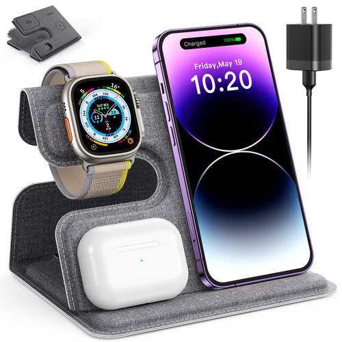 Fabric Travel 3 in 1 Charging Station for Apple Charging Station for Multiple Devices for Apple Watch Charger, Wireless Charger for iPhone 15 14 13 12 11 X 8, for AirPods Foldable Fabric Travel 3 in 1 Charging Station for Apple Charging Station for Multiple Devices for Apple Watch Charger, Wireless Charger for iPhone 15 14 13 12 11 X 8, for AirPods Foldable