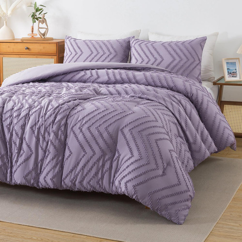 Purple Comforter Set King Size, Boho Girls Women Lavender Soft Fluffy Warm Lightweight Bedding Comforter Sets for King Bed, 3 Pieces Chevron Tufted Aesthetic Microfiber Comforter Set