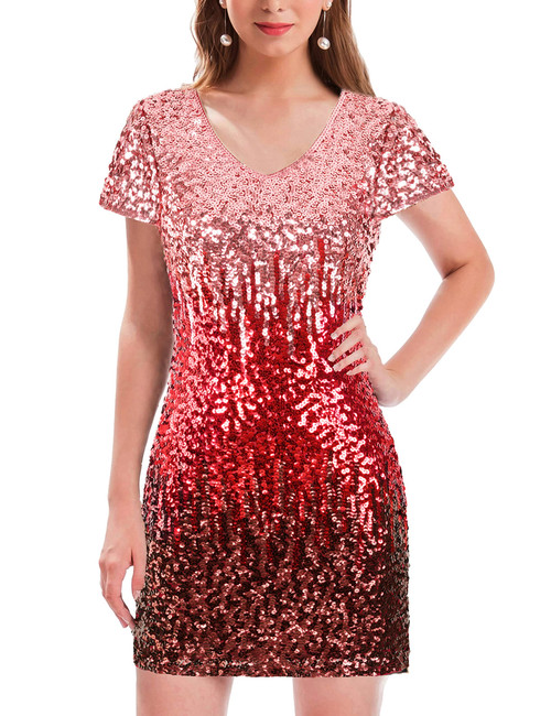 Women's Sequin Glitter Short Sleeve Dress Sexy V Neck Mini Party Club Bodycon Gowns (M, Canyon Rose/Burgundy/Ruby Red)
