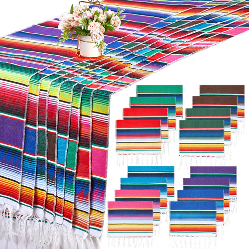 16 Pieces Mexican Serape Table Runners, 14 x 84 Inch Rainbow Boho Fringe Cotton Mexican Theme Party Decoration for Cinco De Mayo Mexican Fiesta Party Wedding Serape Birthday Party (Multi Colors) 16 Pieces Mexican Serape Table Runners, 14 x 84 Inch Rainbow Boho Fringe Cotton Mexican Theme Party Decoration for Cinco De Mayo Mexican Fiesta Party Wedding Serape Birthday Party (Multi Colors)
