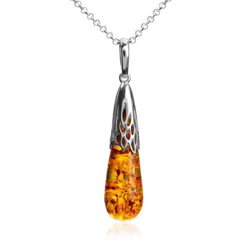 Amber Sterling Silver Drop Pendant Necklace 18 Inches