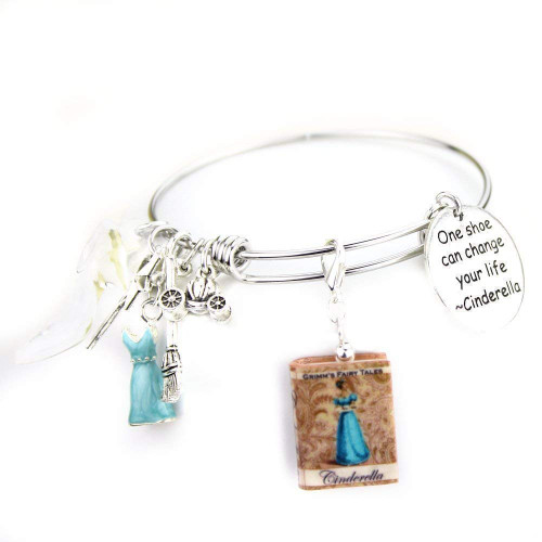 Cinderella Fairy Tale Princess Mini Book Expandable Stainless Steel Bangle Bracelet by
