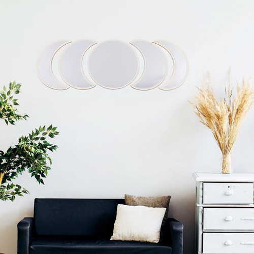 5PCS Wooden Round + Moon Decorative Mirror Moon Phase Mirror Moon Cycle Hanging Mirror Bedroom Decoration Acrylic Mirror,Wall Mounted Rustic Floating Rack
