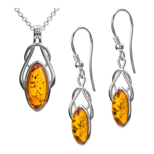 Amber Sterling Silver Celtic Fishhook Earrings Pendant Necklace Set Chain 18 Inches Amber Sterling Silver Celtic Fishhook Earrings Pendant Necklace Set Chain 18 Inches