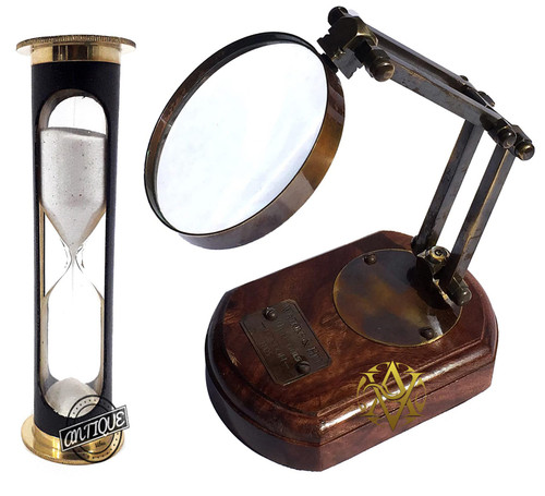 Victorian Vintage Antique Brass Movable Magnifying Glass & Nautical Brass White Sand Timer/Hourglass