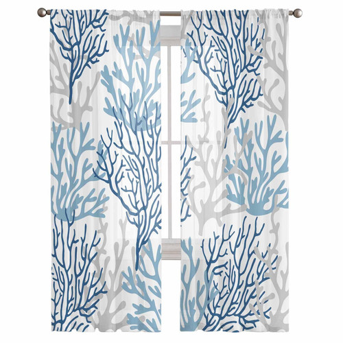 Semi Sheer Curtains 72 Inch Length 2 Panels Set, Nautical Ocean Coral Kitchen Curtains Rod Pocket Sheer Drapes for Bedroom Living Room, Voile Window Treatment Ombre Blue Coastal Beach