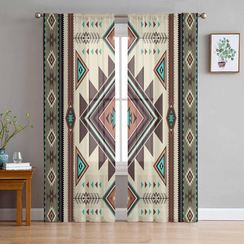 Brown Western Sheer Curtains 72 Inches Length 2 Panels Set Bedroom Curtain Drapes, Ethnic Boho Geometric Abstract Southwest Semi Curtain Sheers for Living Room/Cafe Voile Window Treatment